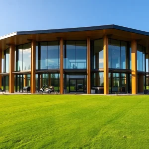 Luxurious Haesley Nine Bridges clubhouse surrounded by greenery