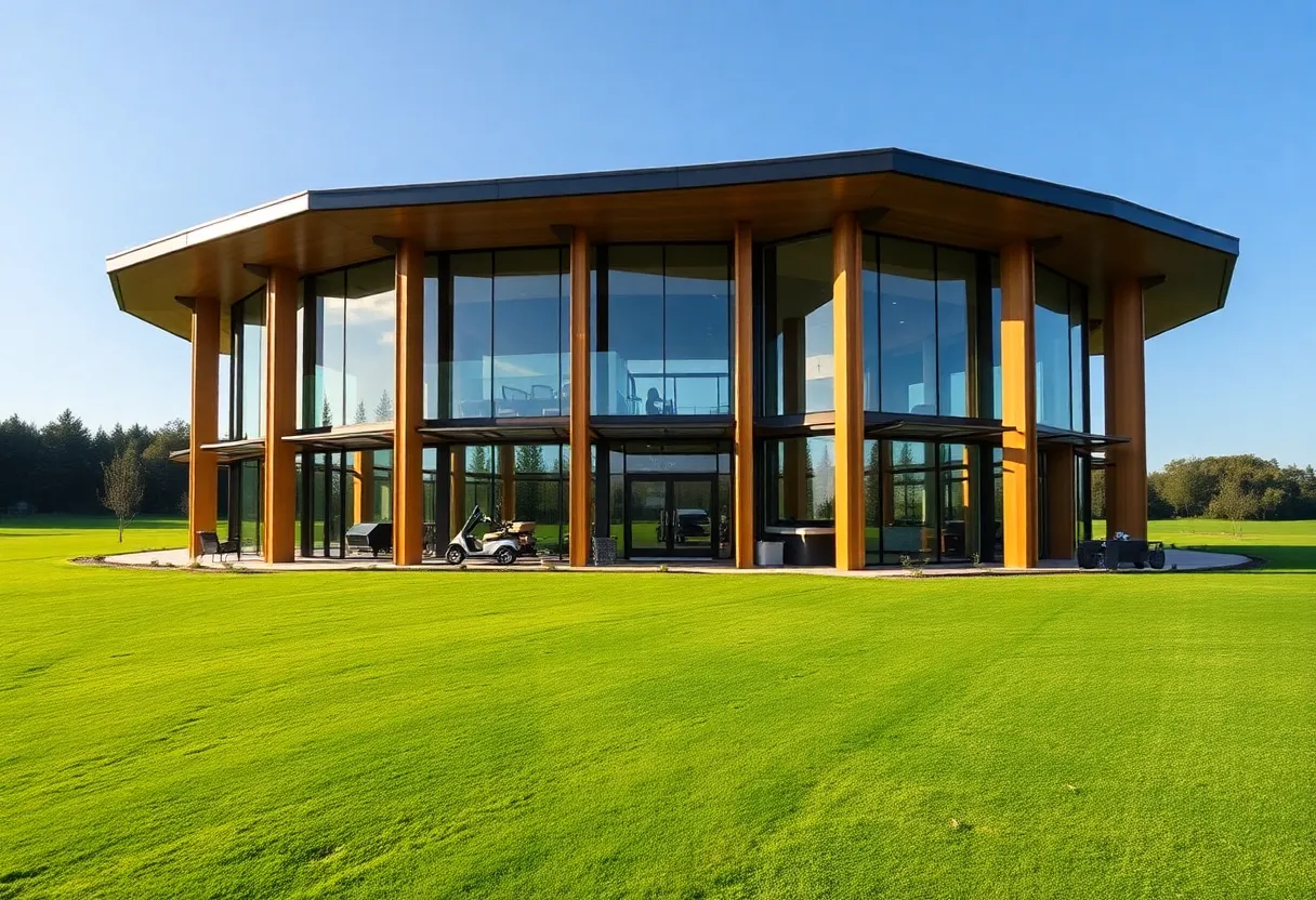 Luxurious Haesley Nine Bridges clubhouse surrounded by greenery