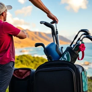 Golfer packing golf equipment for Hawaiian Airlines travel