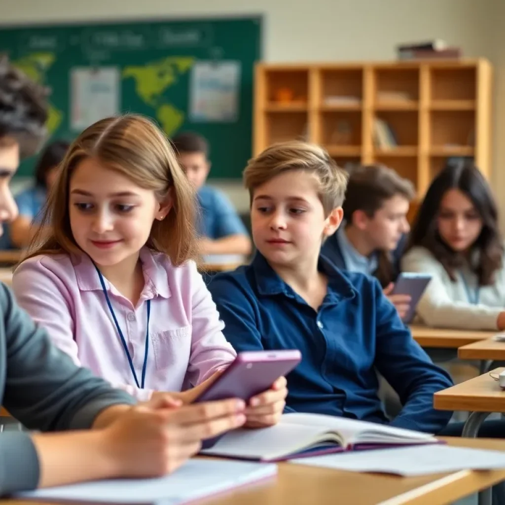 Students in a classroom focused on learning without cell phones.