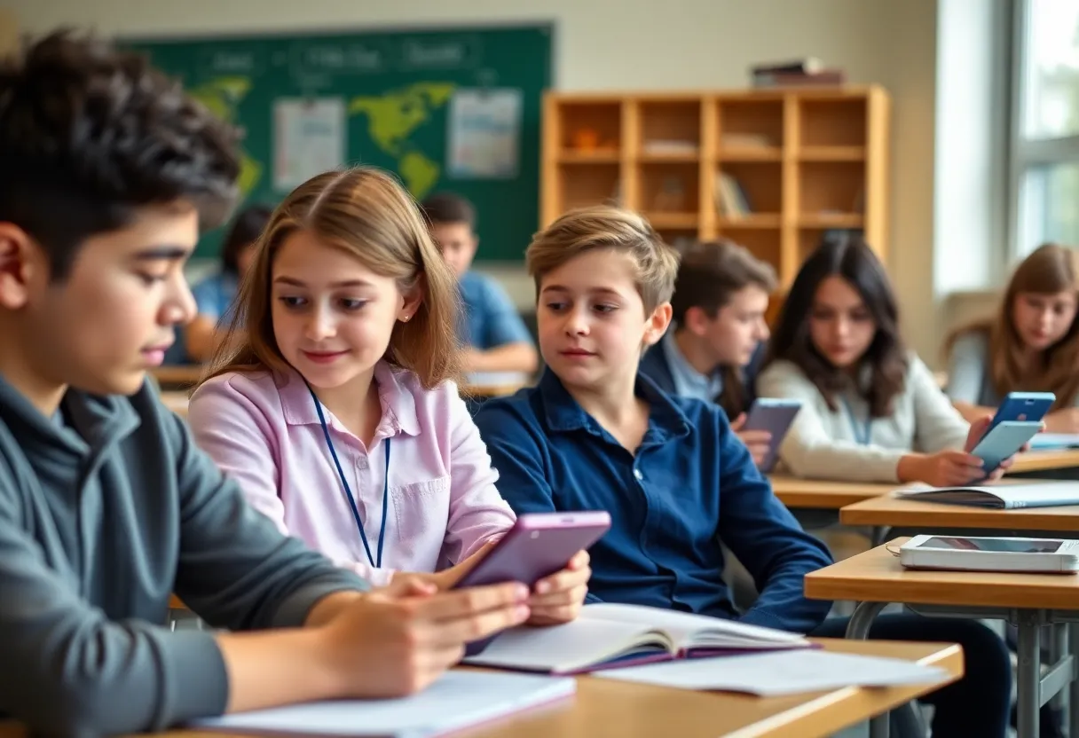 Students in a classroom focused on learning without cell phones.