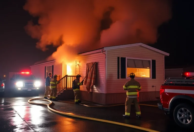 Firefighters battling a mobile home fire in Horry County