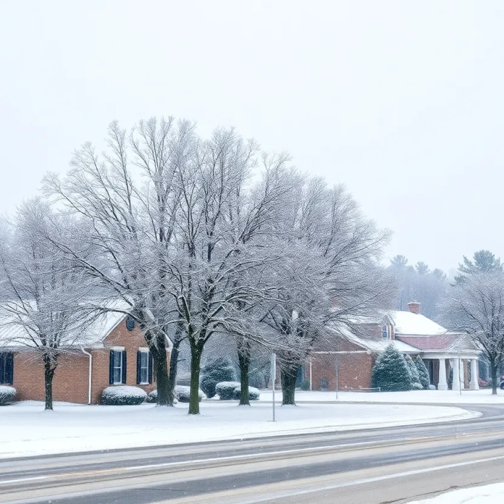 Winter storm in Horry County with snow covered trees and buildings