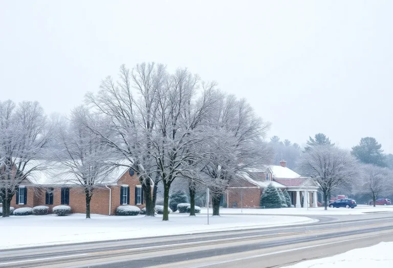 Winter storm in Horry County with snow covered trees and buildings