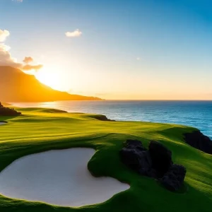 Scenic view of the 16th and 17th holes at Hualalai Golf Course during sunset