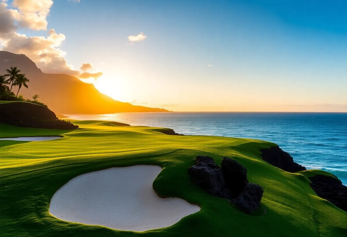 Scenic view of the 16th and 17th holes at Hualalai Golf Course during sunset