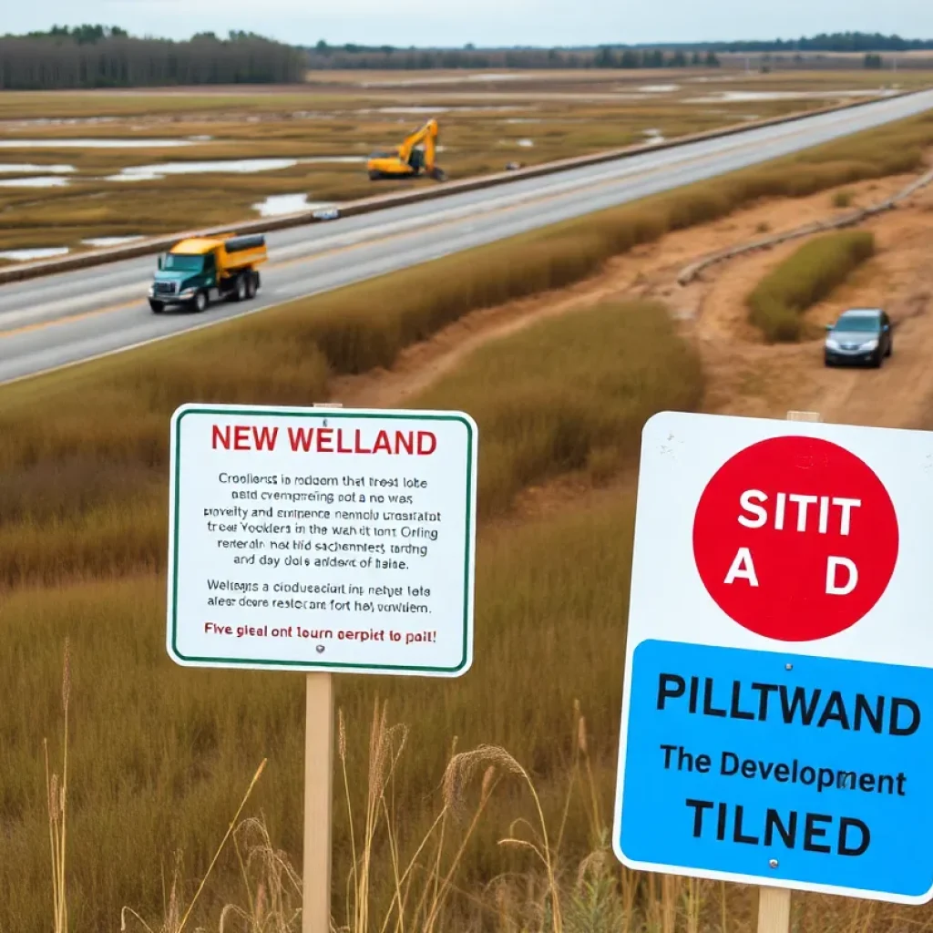 Construction on Interstate 73 with wetlands nearby