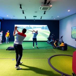 Interior view of an indoor golf facility showcasing simulators and putting greens.