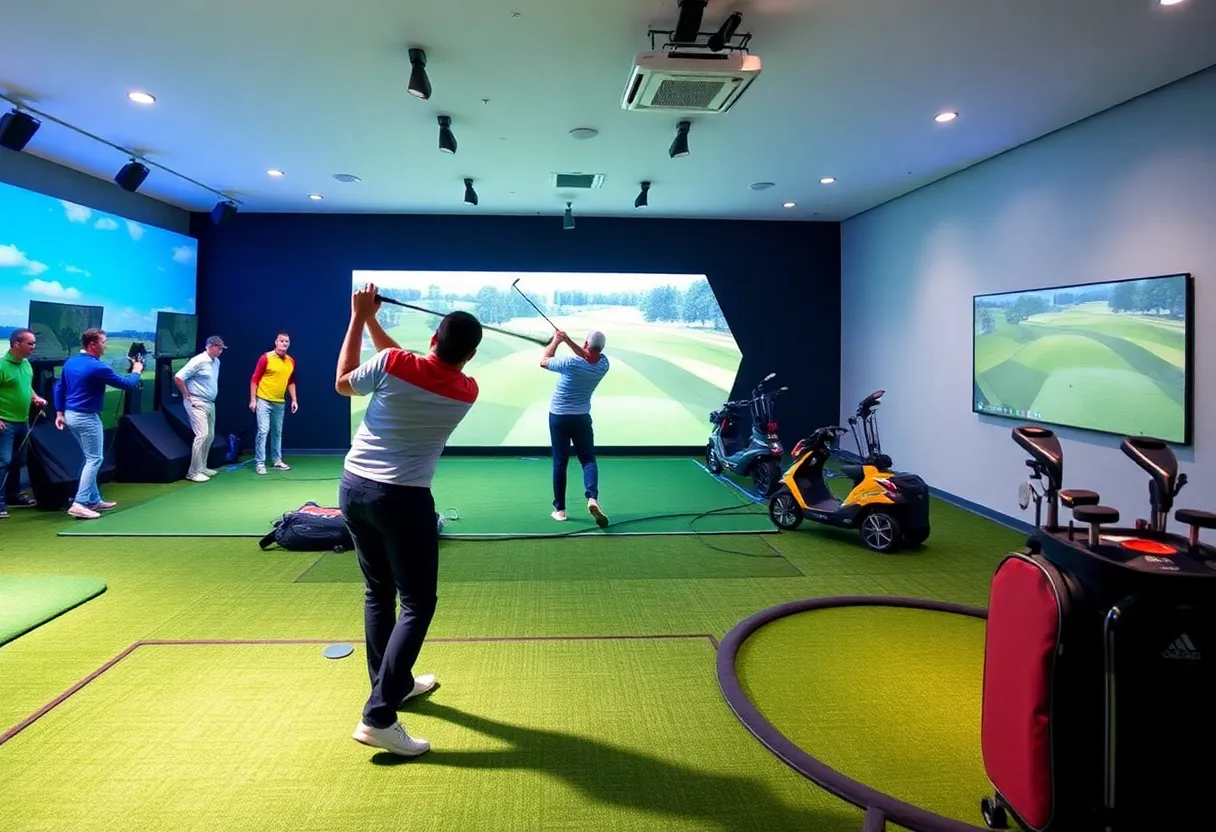 Interior view of an indoor golf facility showcasing simulators and putting greens.