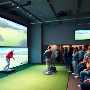 A modern indoor golf arena with enthusiastic fans watching a match.