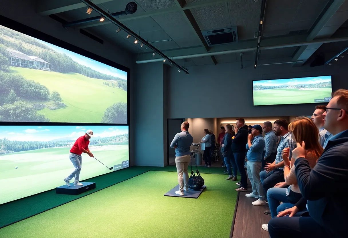 A modern indoor golf arena with enthusiastic fans watching a match.