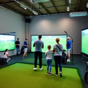 Families and golfers enjoying indoor golf at a facility in Myrtle Beach