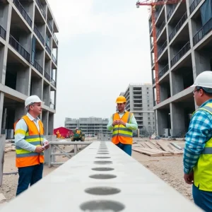 Engineers analyzing precast concrete connections at a construction site.