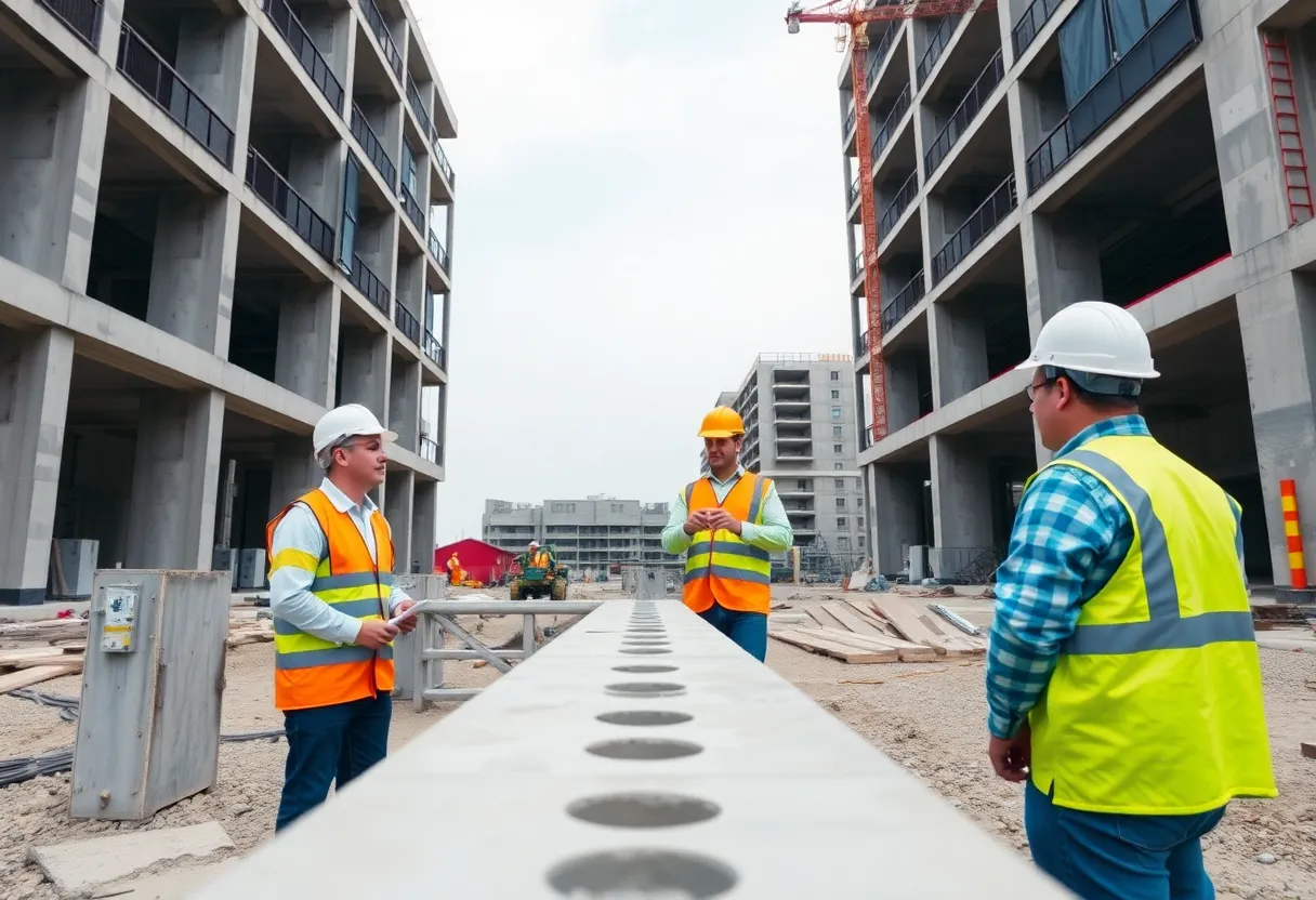 Engineers analyzing precast concrete connections at a construction site.