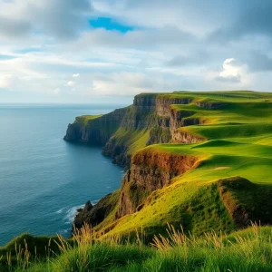 A beautiful view of an Irish golf course with green fairways and coastal scenery.