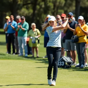 Young golfer practicing swing on a golf course