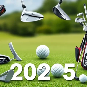 Collage of the latest golf equipment for 2025 including drivers, irons, putters, and golf balls.