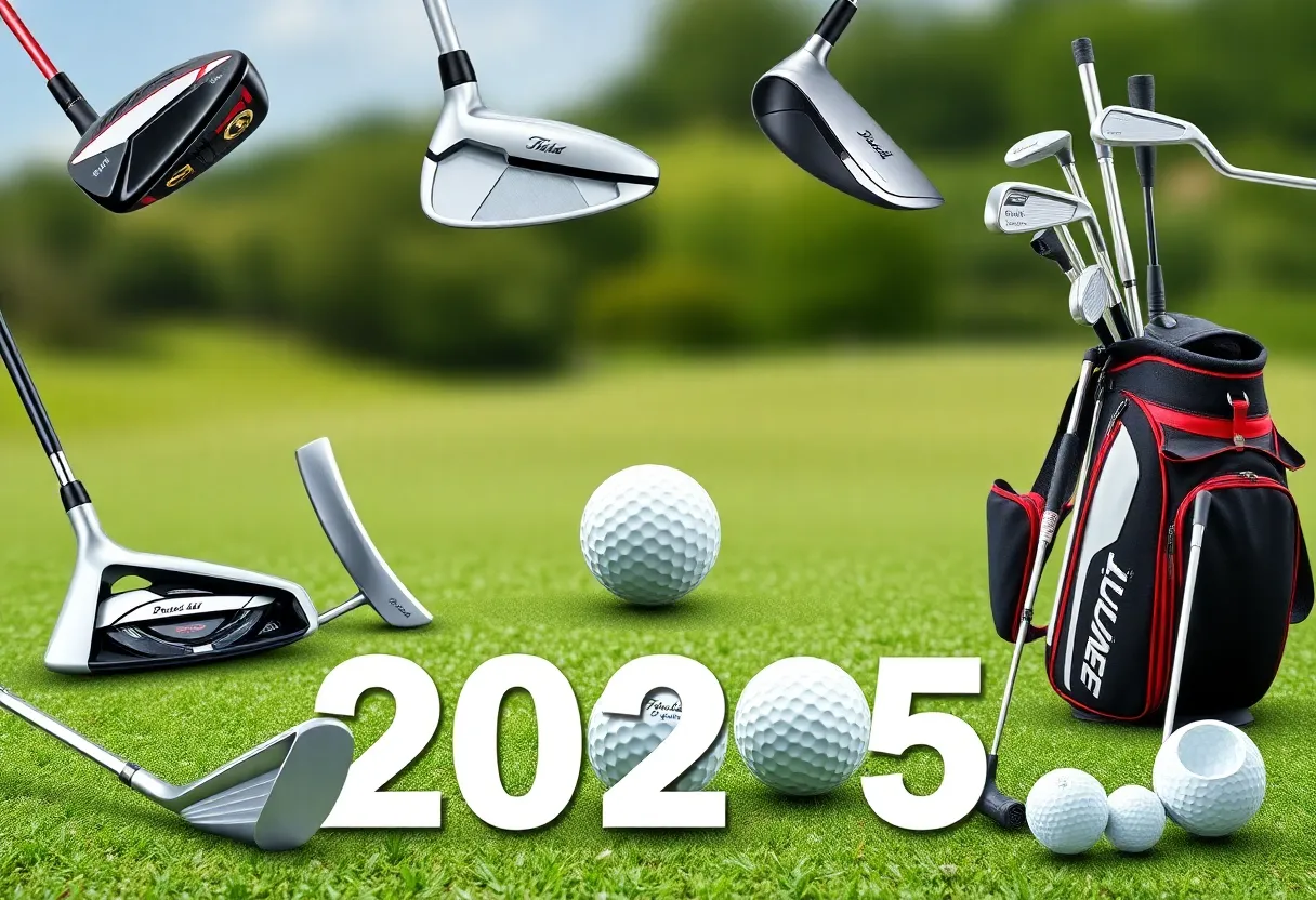 Collage of the latest golf equipment for 2025 including drivers, irons, putters, and golf balls.