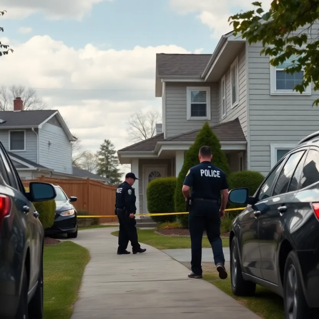 Neighborhood scene with police activity indicating legal issues.