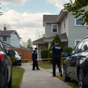 Neighborhood scene with police activity indicating legal issues.