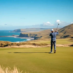 A golfer on a links golf course with dunes in the background