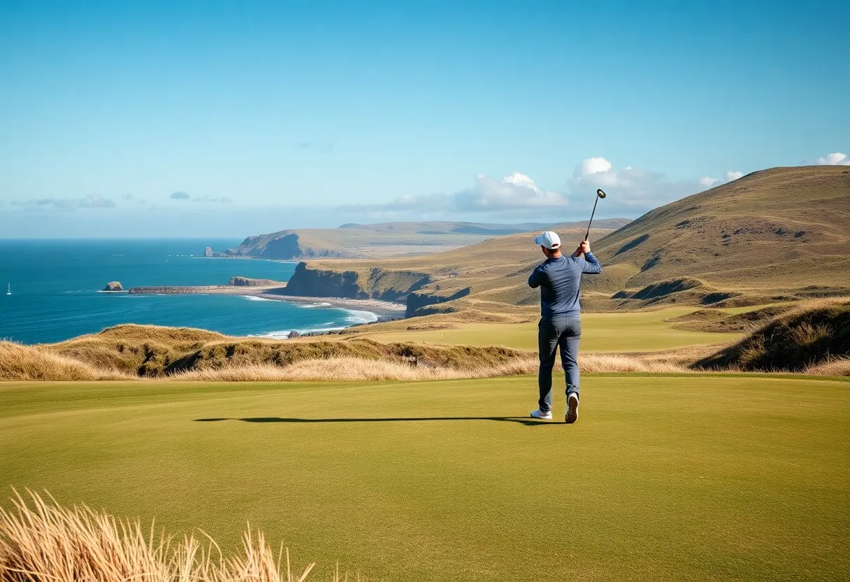 A golfer on a links golf course with dunes in the background