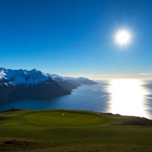 Scenic view of Lofoten Links golf course with mountains and ocean