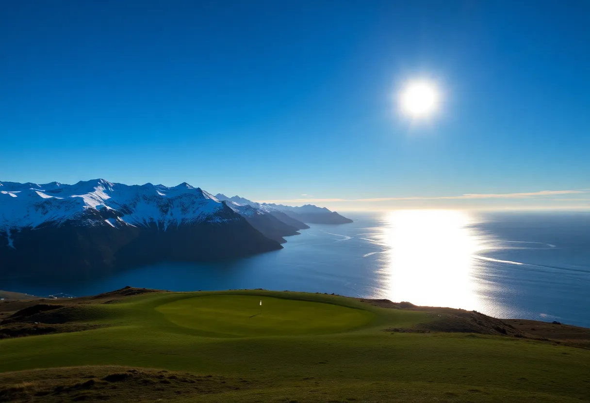 Scenic view of Lofoten Links golf course with mountains and ocean