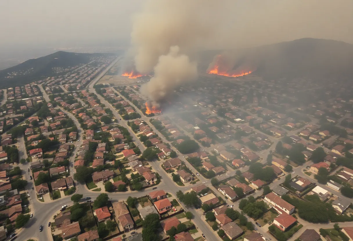 Aerial view of Los Angeles highlighting homes affected by wildfires and firefighters