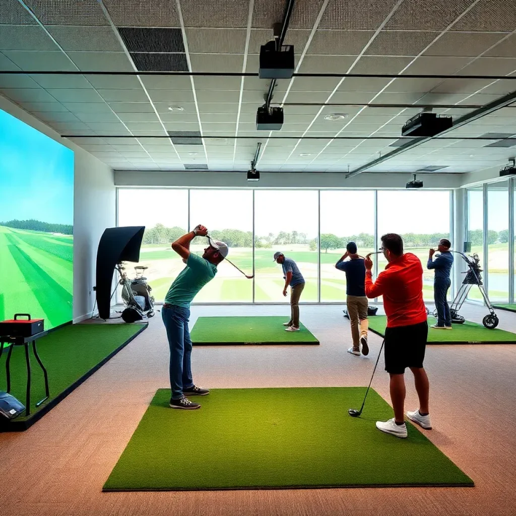 Interior of Mashie Golf Institute showing golf simulators and practice areas.