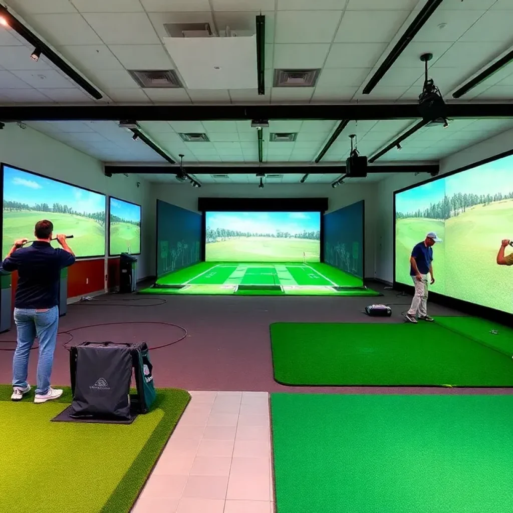 Interior view of the Mashie Golf Institute showcasing simulators and putting green.