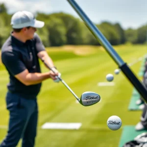 A golfer at a range using Titleist clubs and balls