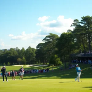 A lively men's golf tournament taking place on a sunny day featuring players competing on the golf course.