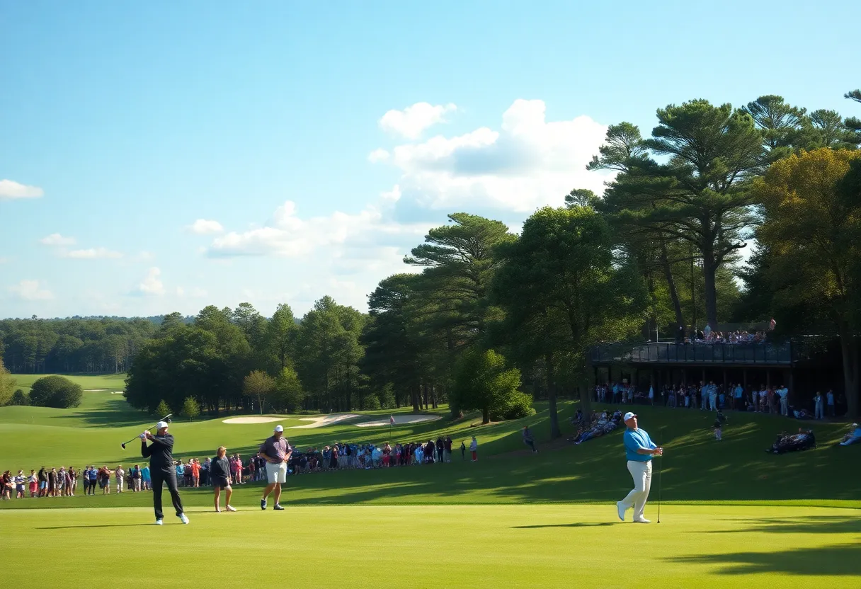 A lively men's golf tournament taking place on a sunny day featuring players competing on the golf course.