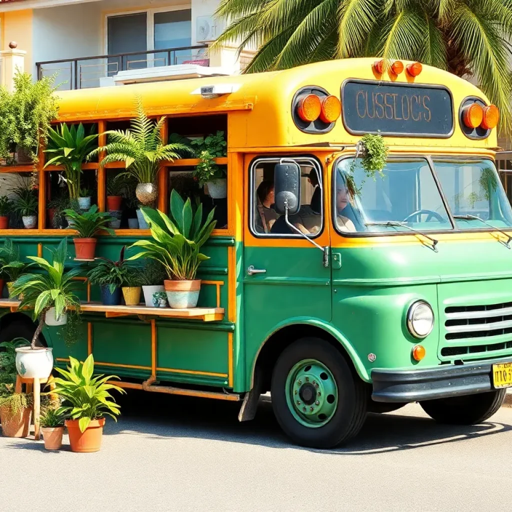 A vintage school bus transformed into a mobile plant nursery, displaying indoor tropical plants.