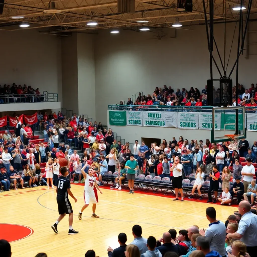 A lively high school basketball game in Myrtle Beach showcasing players in action with a cheering crowd.