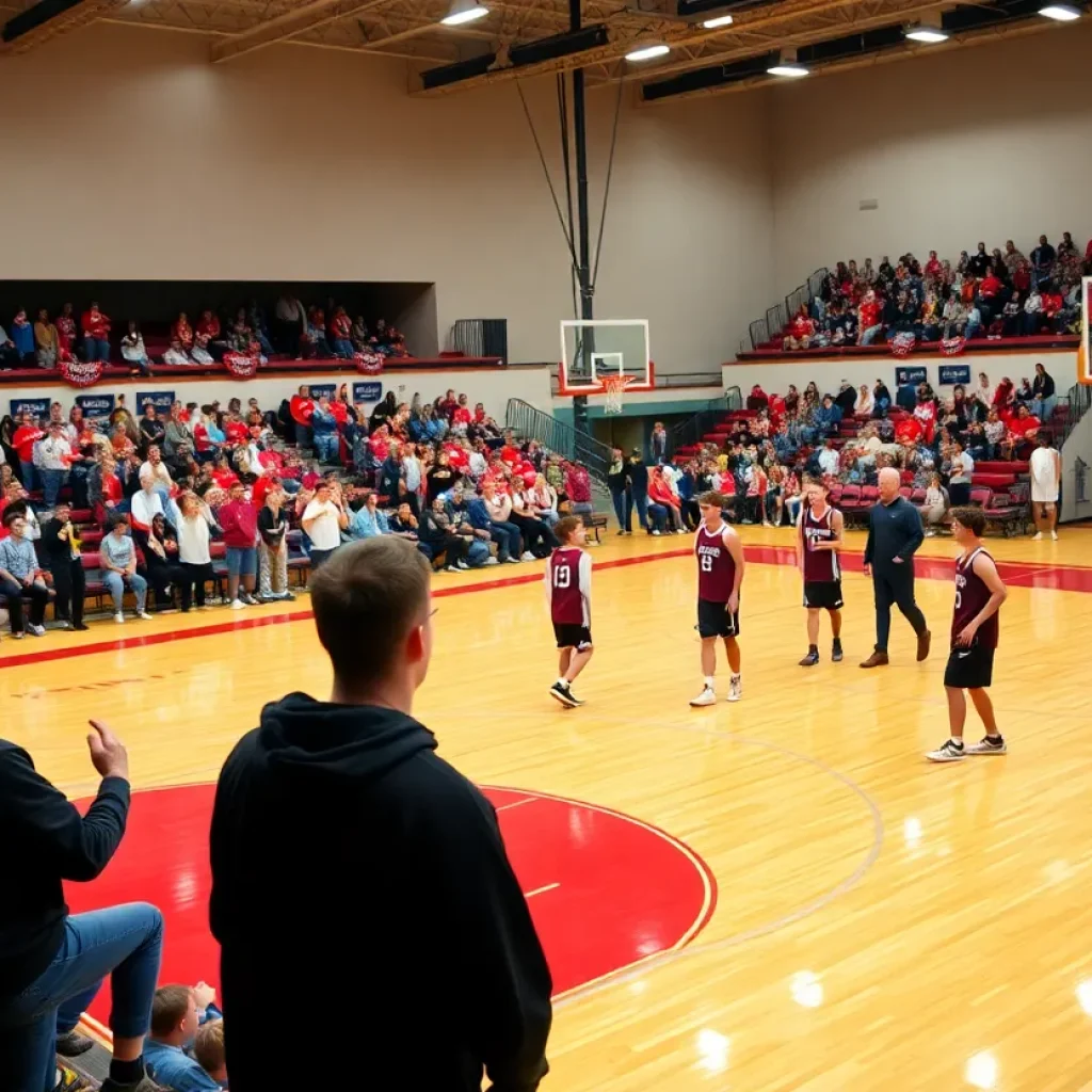 High school basketball teams warming up on the court in Myrtle Beach, surrounded by a cheering crowd.