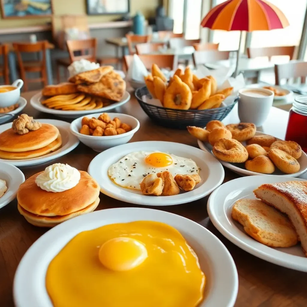 A variety of breakfast dishes in Myrtle Beach, including pancakes and seafood.