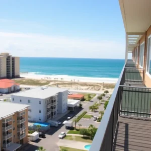 A scenic coastal view of Myrtle Beach emphasizing apartments and the shoreline.