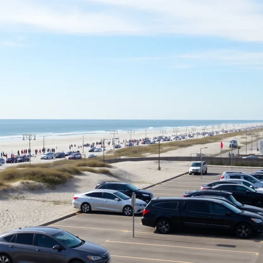 A busy Myrtle Beach shoreline with visible parking signs