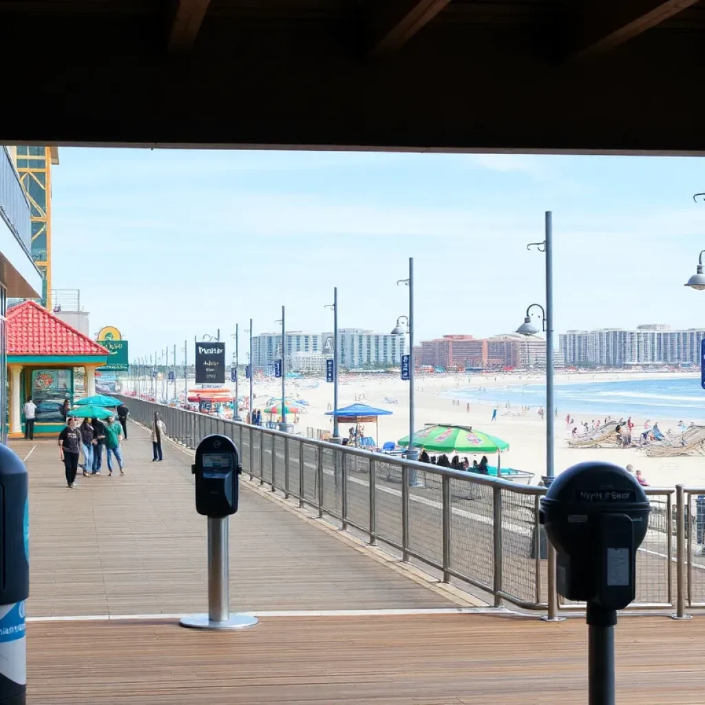 View of Myrtle Beach with parking meters along the boardwalk