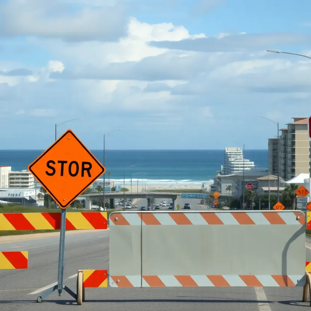 Road construction scene in Myrtle Beach with closures signs