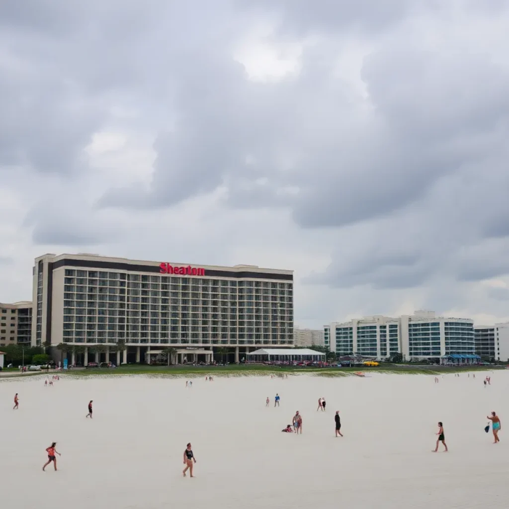 View of the Sheraton hotel at Myrtle Beach with the beach and ocean in the foreground.