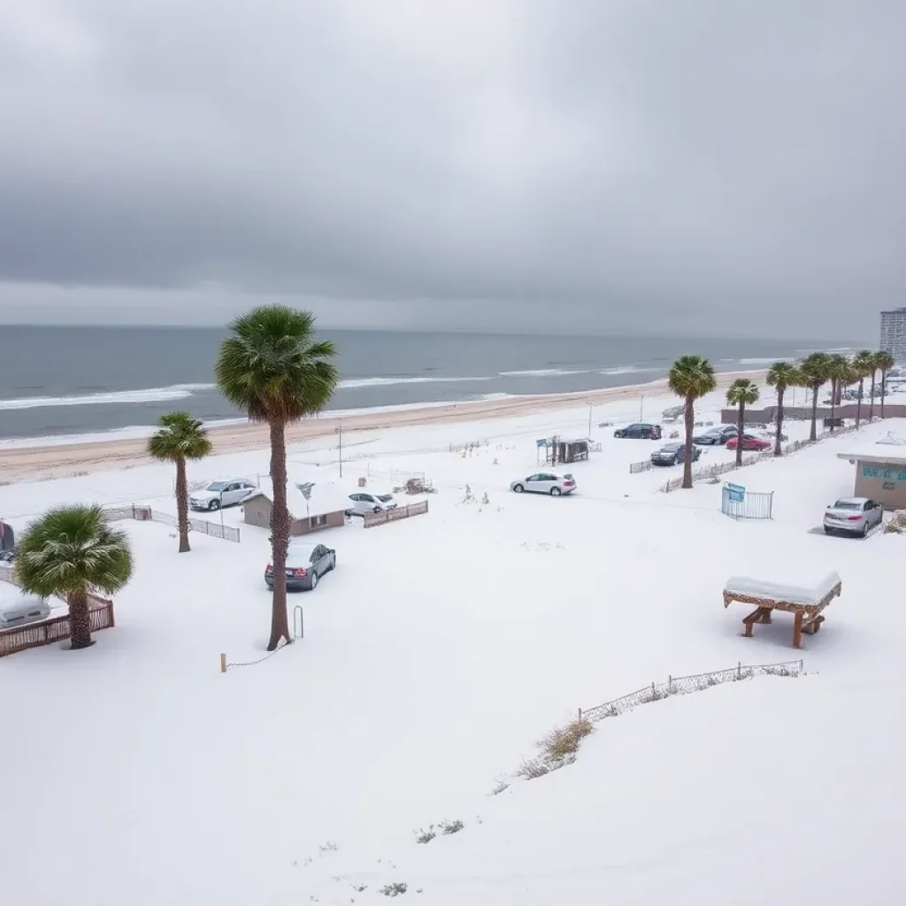 Winter scene at Myrtle Beach with snow-covered palm trees