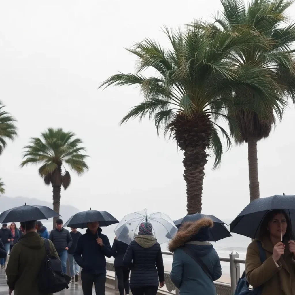 Coastal Myrtle Beach scene during winter weather with palm trees and grey skies