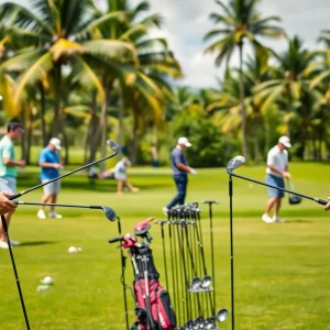 Players testing new golf equipment at a tournament