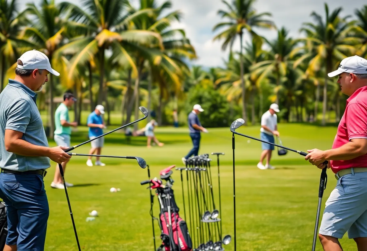 Players testing new golf equipment at a tournament