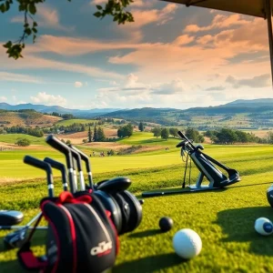 New golf wedges and putters displayed on a beautiful golf course