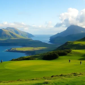 A beautiful golf course in Northern Ireland surrounded by mountains.