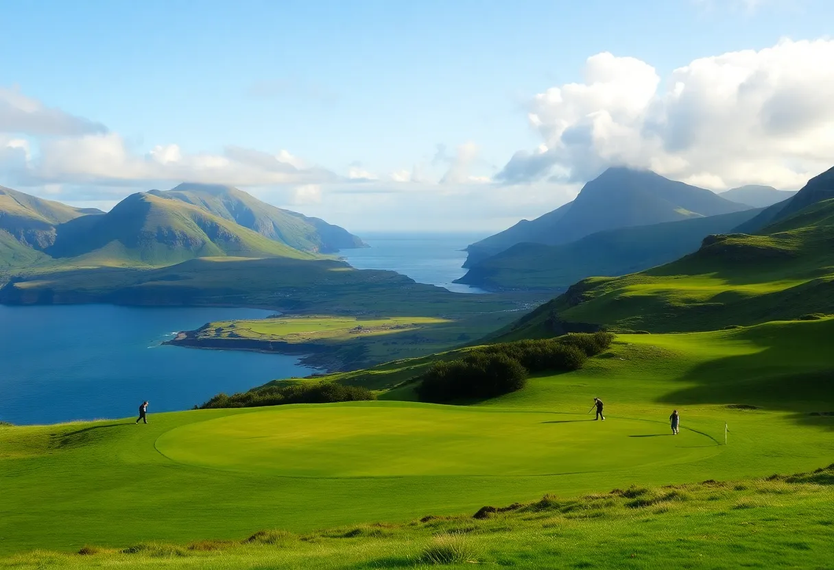 A beautiful golf course in Northern Ireland surrounded by mountains.